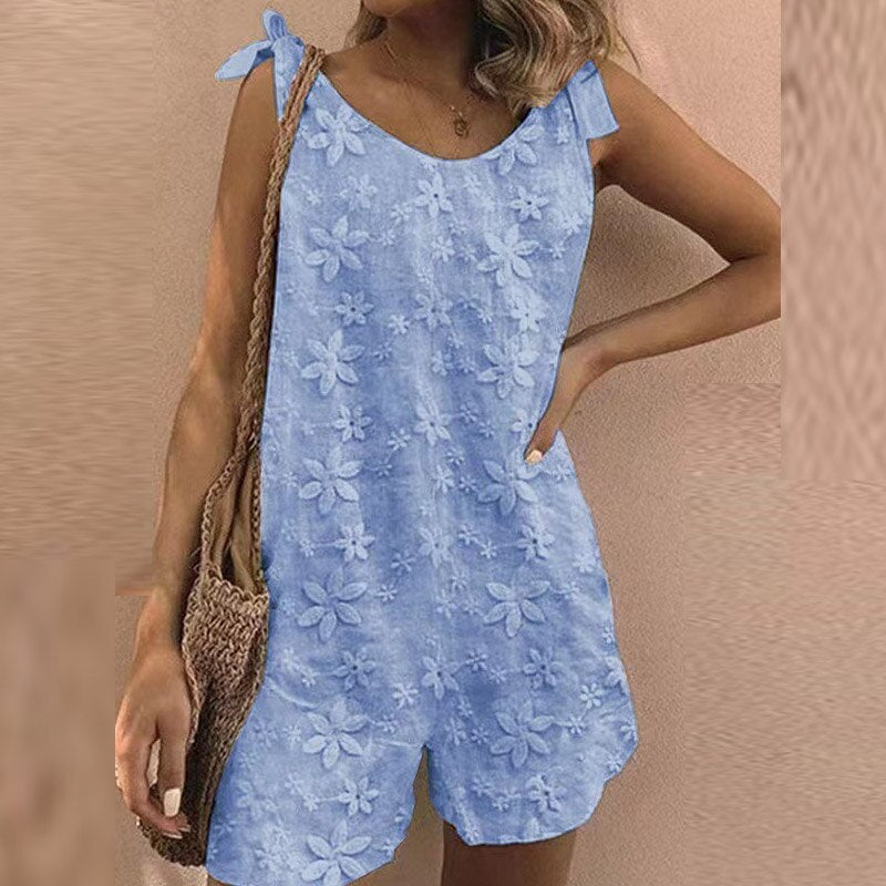 Women's Cotton Linen Shorts Casual Jumpsuit Loose Bow Knot Lace Straps Embroidered Romper