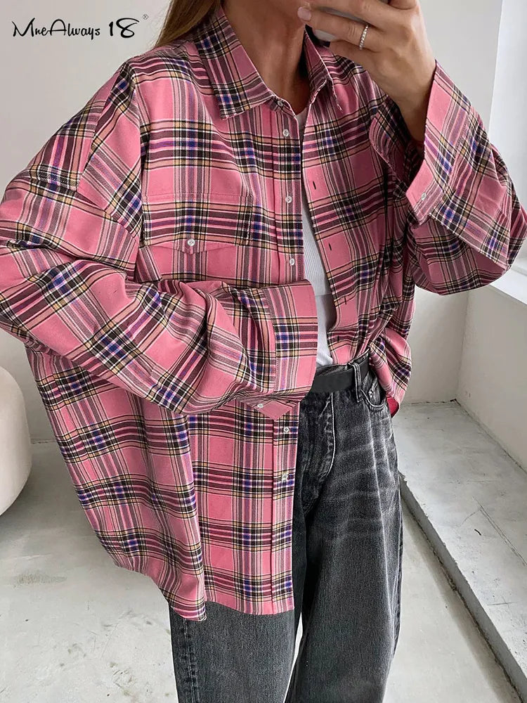 Plaid Shirt for Women Street Wear Casual Long Sleeve Single-Breasted Oversized Shirt