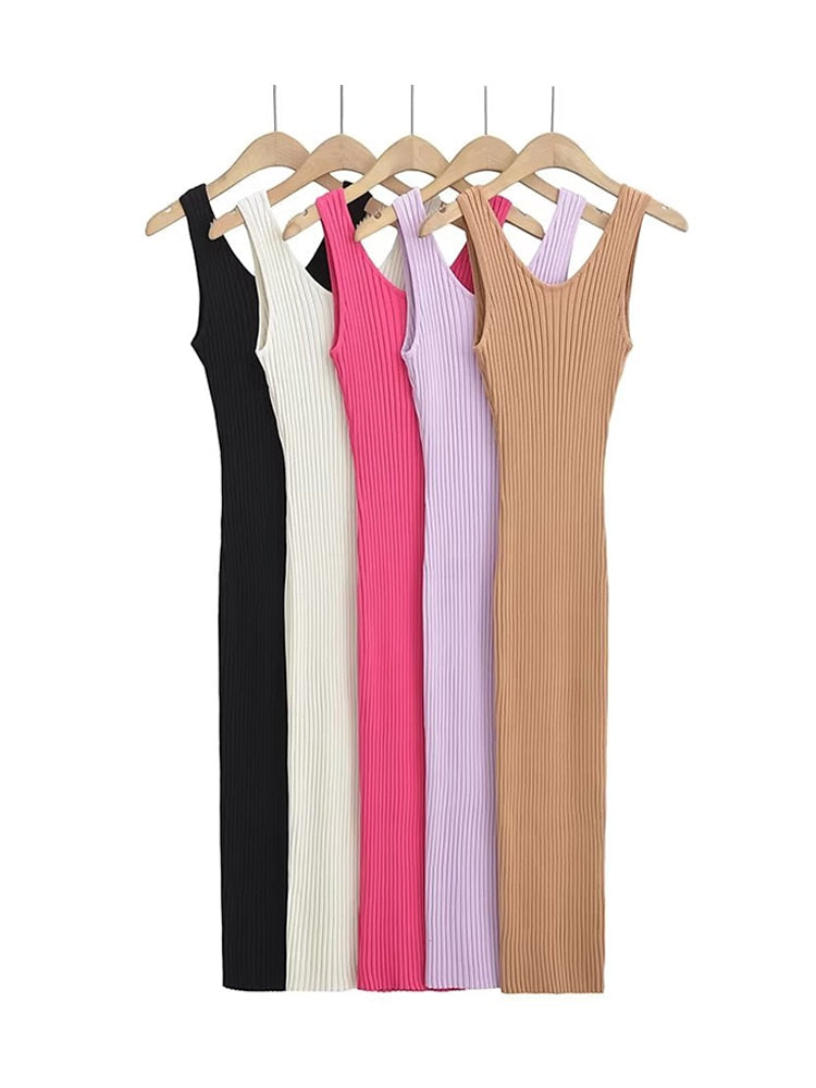 Women's Backless Sleeveless Midi Dress Knit Elegant Slim Dress 5 Colors