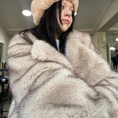 Luxury Fashion Gradient Faux Fur Coat for Women Winter Loose Oversized Long Fluffy Overcoat Outerwear Jacket