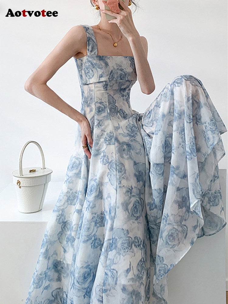 Elegant Fairycore Spaghetti Strap Slim Floral Print Midi Dress