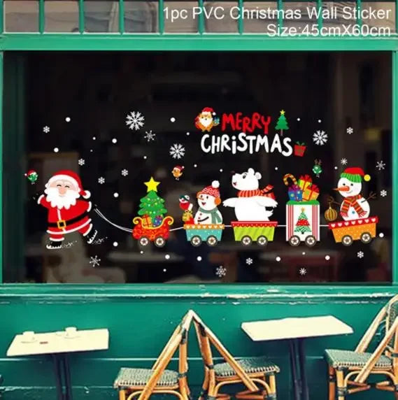 Christmas-themed wall sticker with Santa Claus, reindeer, and snowmen on a window.