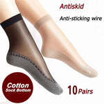 10 Pairs Spring Summer Fall Women's Soft Socks Thin Silk Socks Non-Slip Bottom Splice Fashion Transparent Ladies Breathable Socks