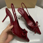 Red Patent Leather Pointed-Toe Slingback Heels with Bow – Chic & Elegant