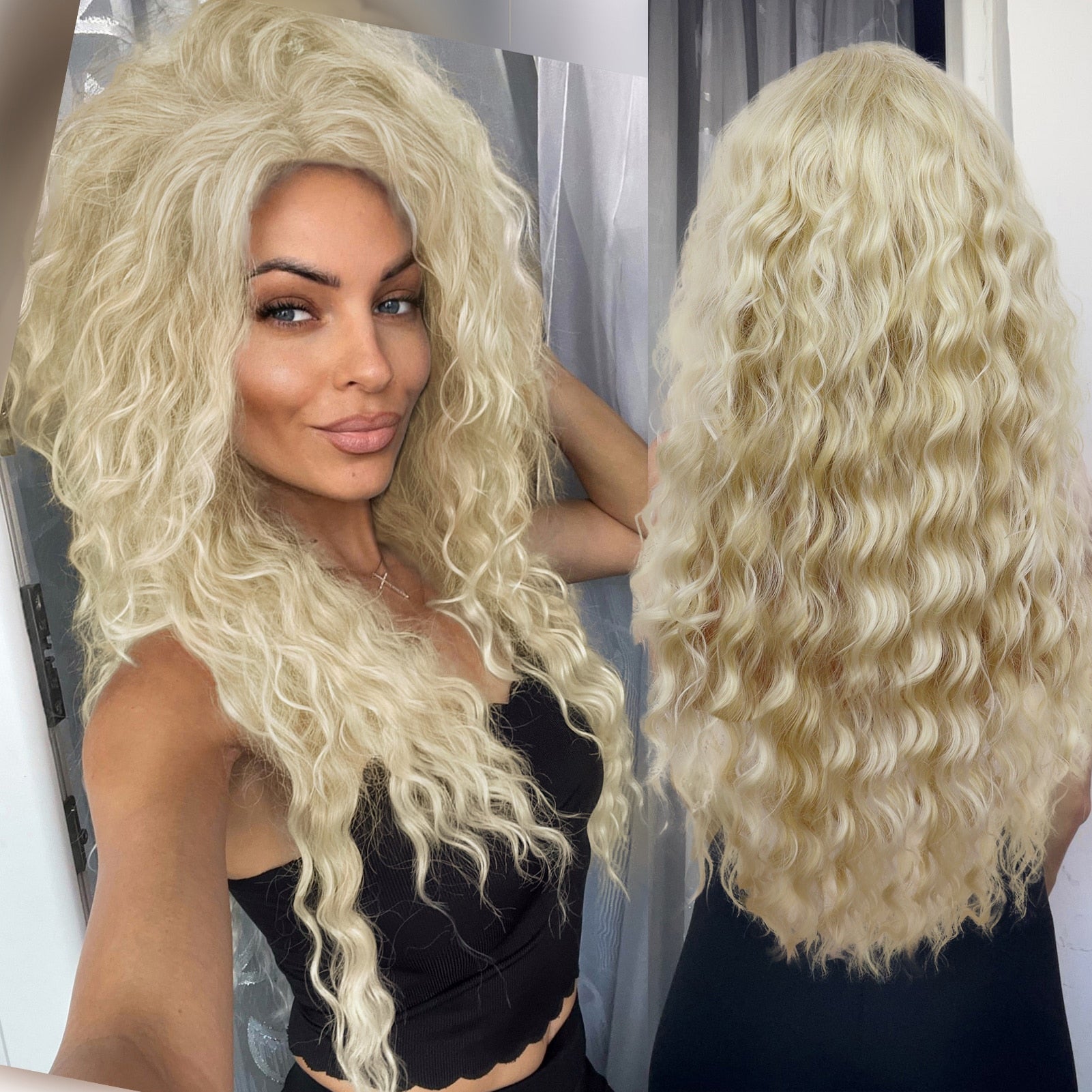 Women's Ash Blonde Wig Synthetic Long Wavy Curly 80's Wigs Fluffy Wave Synthetic Wigs for Costume Halloween