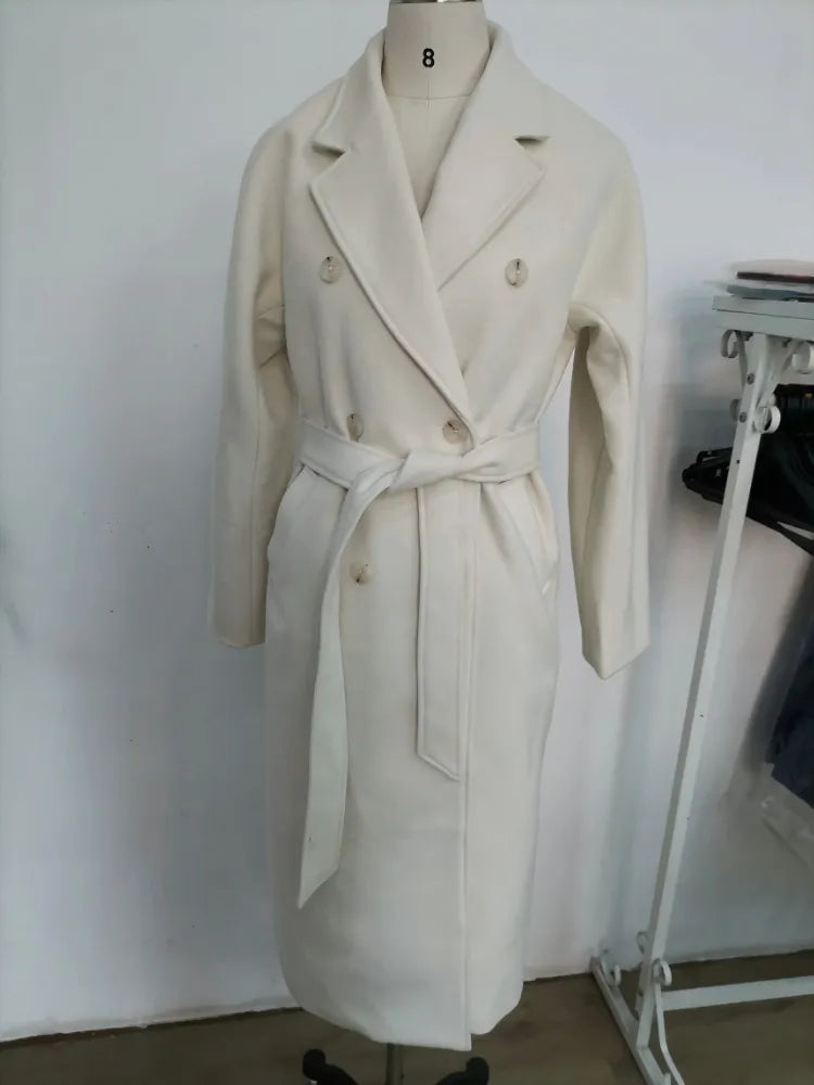 Women's Vintage Long Wool Coat With Belt Solid Double Breasted Chic Winter Overcoat