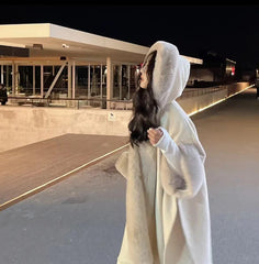 Women's Thick Velvet Knitted Faux Fur Collar Coat Loose Poncho Tassel Cloak With Hat Long Faux Rabbit Fur Collar Cape Coat