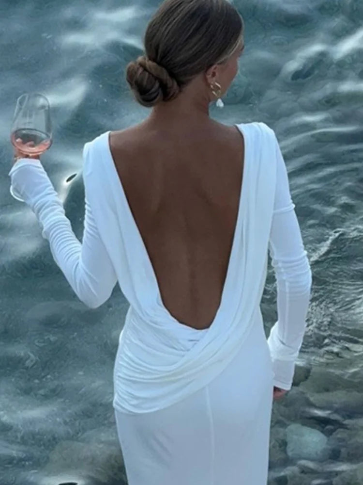 Chic Backless White Long-Sleeved Slim Fit Maxi Dress for Women - Elegant Pleated Evening Gown