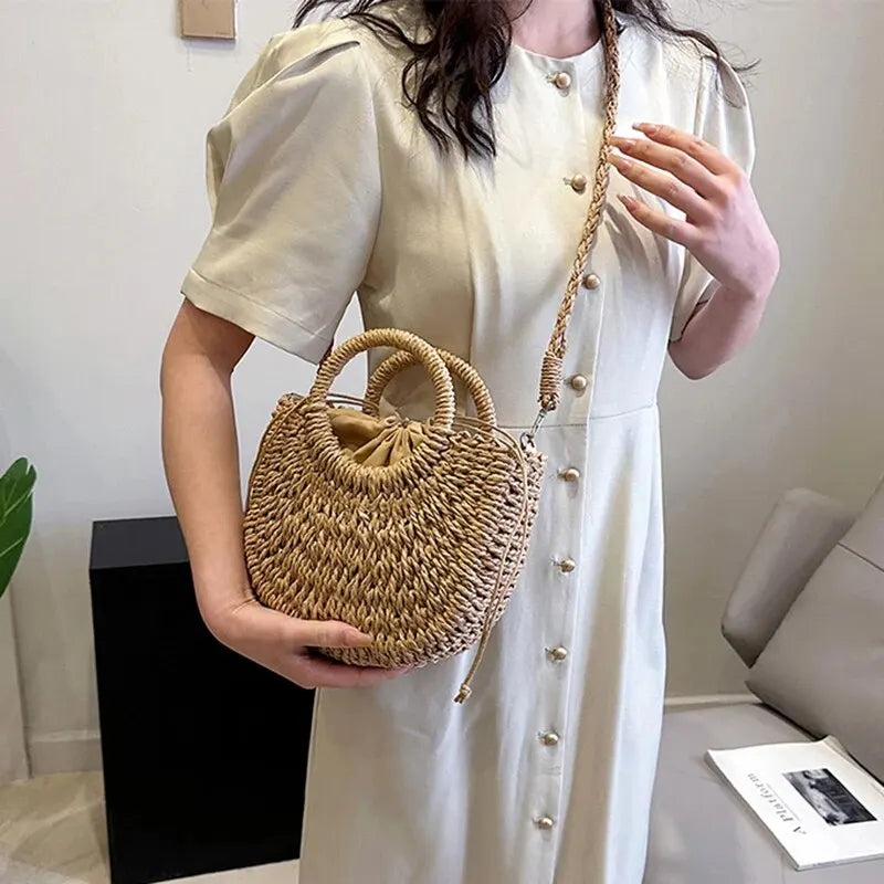 Handwoven Straw Purse Rattan Half-Moon Beach Handbag Large Capacity Women Summer Hollow Out Crossbody Shoulder Bag