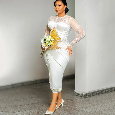 Wedding dress white midi pearls