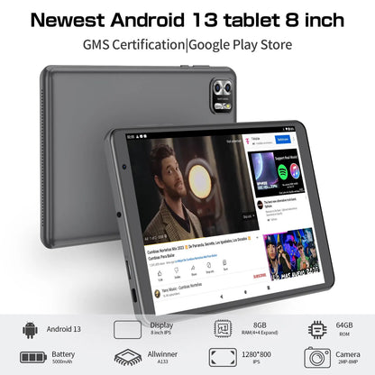 8-Inch Tablet Android 13, 8GB(4+4 Expand) RAM 64GB ROM, 1TB Expansion, 1280x800 IPS Screen 5000MAH Battery, Dual Camera, WiFi Parental Controls Great gift for Kids