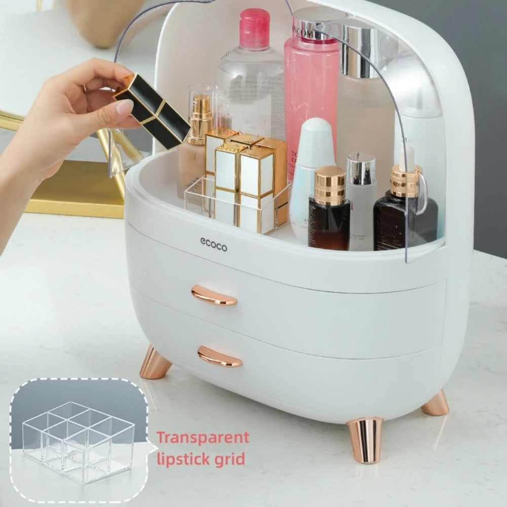 White cosmetic organizer with rose gold accents holding various beauty products, including a hand holding a lipstick.