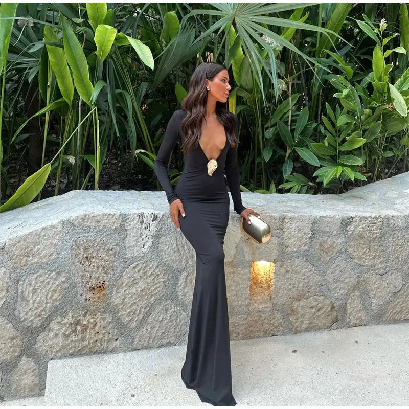 Women's Elegant Black V-neck Maxi Dress Chic Long Sleeve Bodycon Boutique Fashion Long Dress