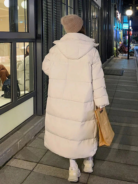 Puffer Coat Women Long Straight Hooded Parka Stylish Casual Down Winter Outerwear Fashion
