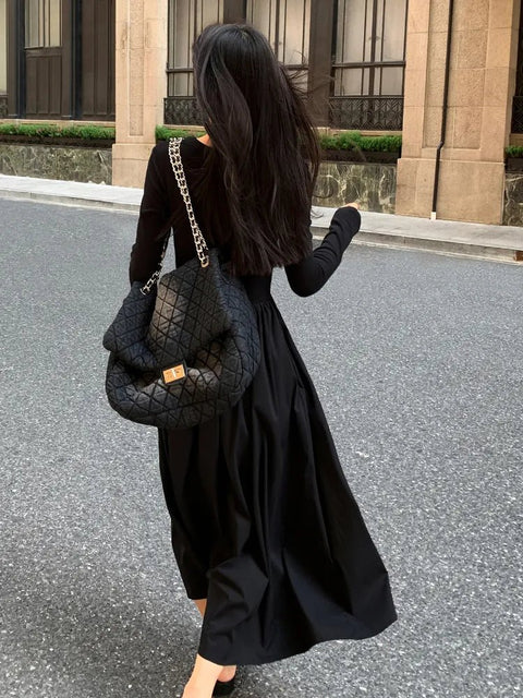 Knit Midi Dress Women Vintage O-Neck Pockets Cocktail Elegant Office Casual Fashion Dress
