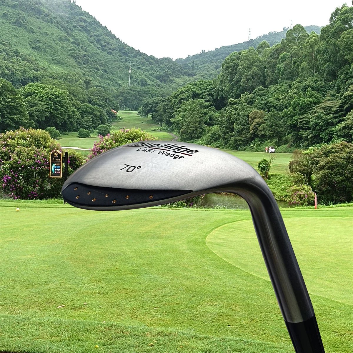 Golf club head with a scenic golf course background