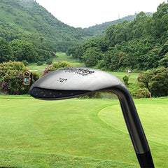 Golf club head with a scenic golf course background