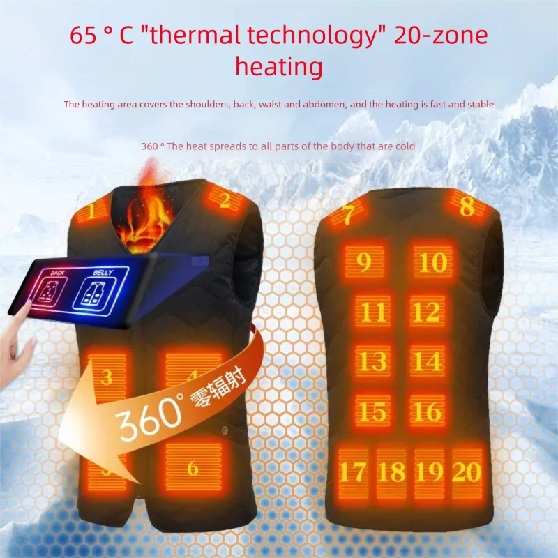 Heated vest with digital display and heating zones on a blue background