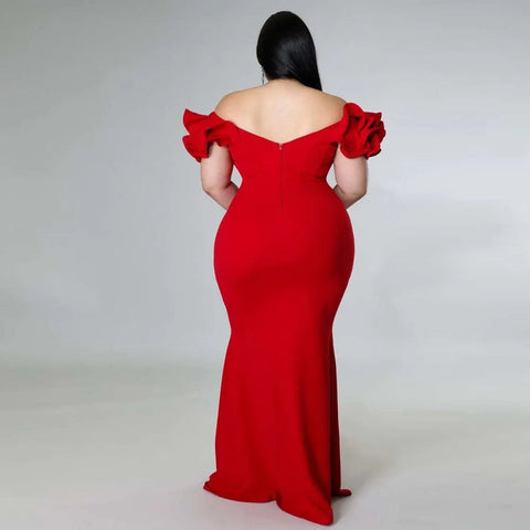 Plus Size Mermaid Maxi Dress Women Elegant Ruffle Red Black Backless Wedding Party Formal Prom