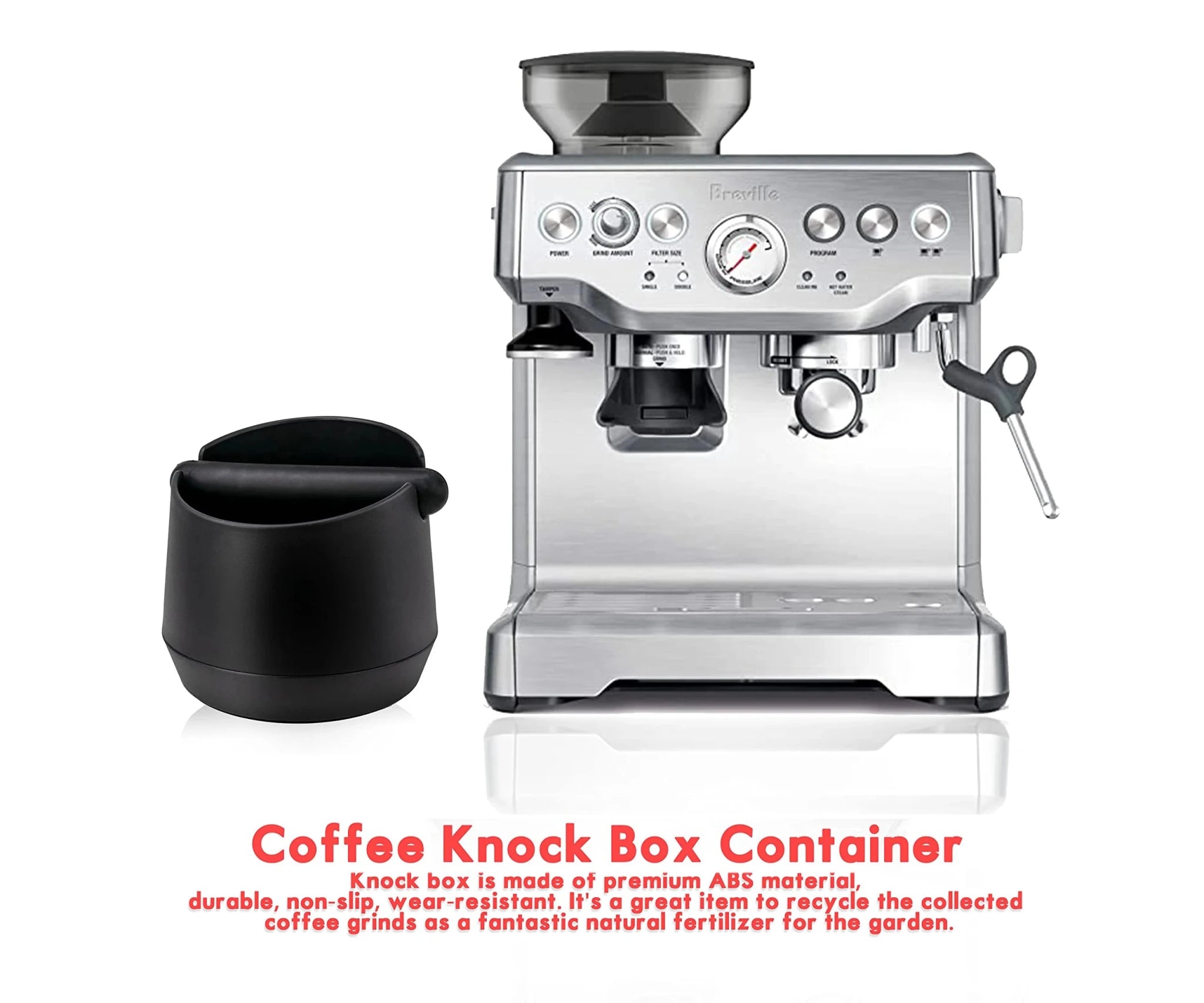 Espresso machine with a black espresso knock box on a white background