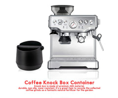 Espresso machine with a black espresso knock box on a white background