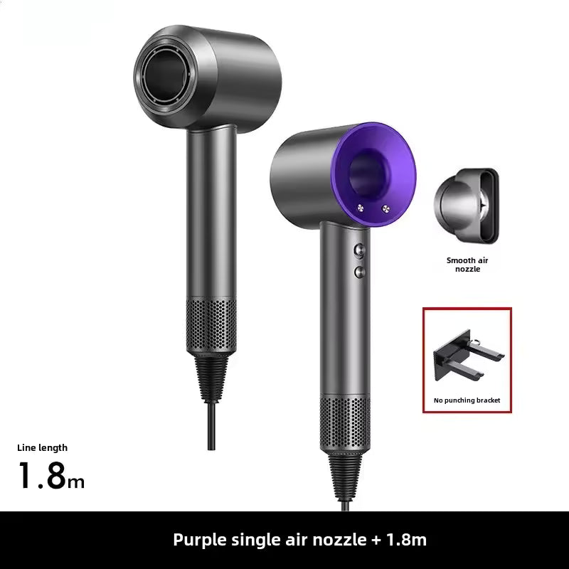 Hair dryer with purple air nozzle and additional nozzle attachment on a white background