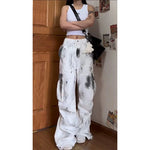 Women's White Cargo Jeans Y2k Vintage High Waist Wide Leg Tie Dye Denim Trousers Baggy Jean Cargo Pants Vintage 2000s