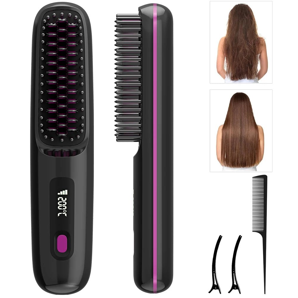 Hair straightening brush with digital display and comb attachments on a white background.