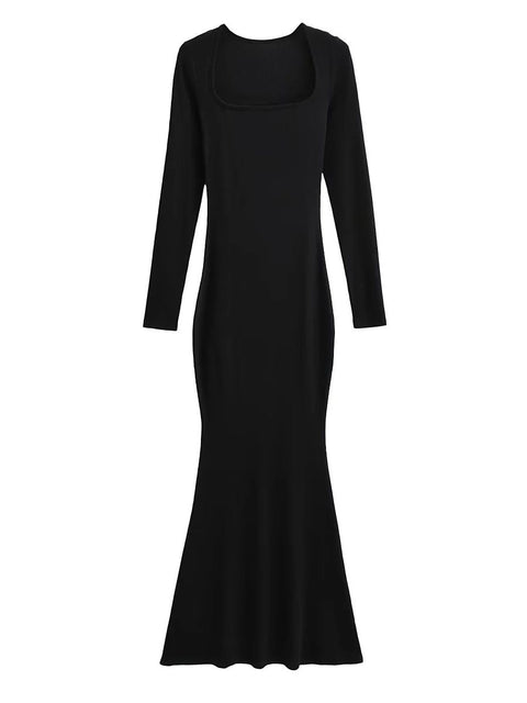 Square Collar Knitted Mermaid Maxi Dress Women Cotton Long Elegant Casual Winter Fashion