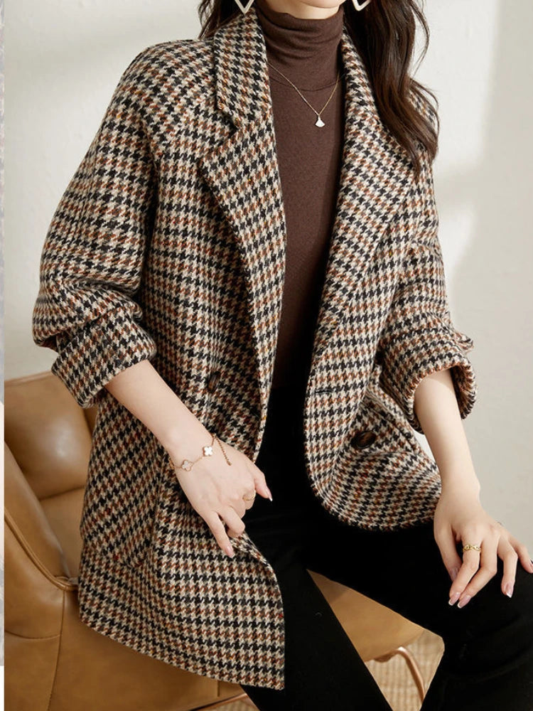 New Vintage Women's Plaid Wool Blazer Double Breasted Suit Jacket Loose Blazer Coat