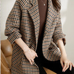 New Vintage Women's Plaid Wool Blazer Double Breasted Suit Jacket Loose Blazer Coat