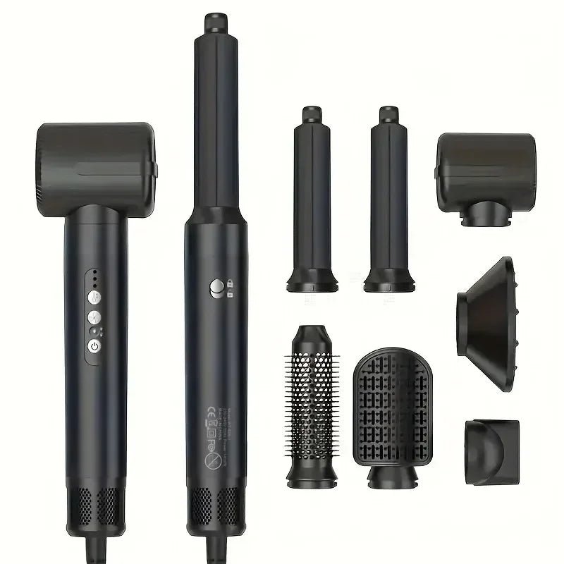 Black hair styling tool with multiple attachments on a white background