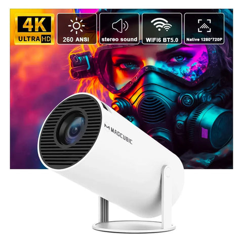 White camera on a stand with colorful background featuring camera specifications