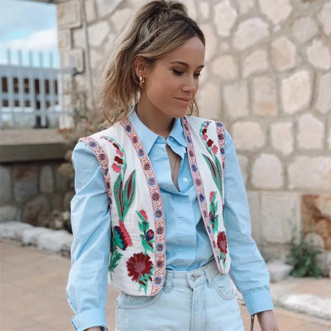 Floral Embroidered Vest Women Vintage Waistcoat Traditional Boho Open Blazer Casual Fashion Top