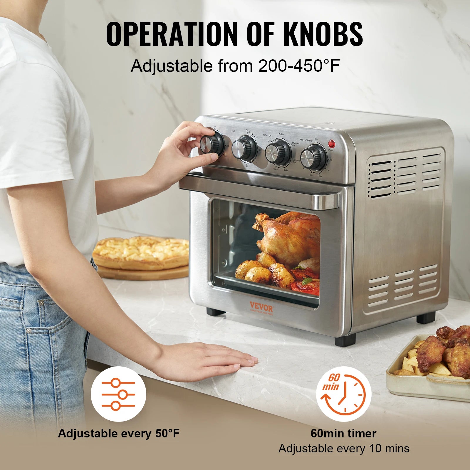 Person adjusting knobs on a toaster oven with food inside, featuring text about temperature adjustment and timer.