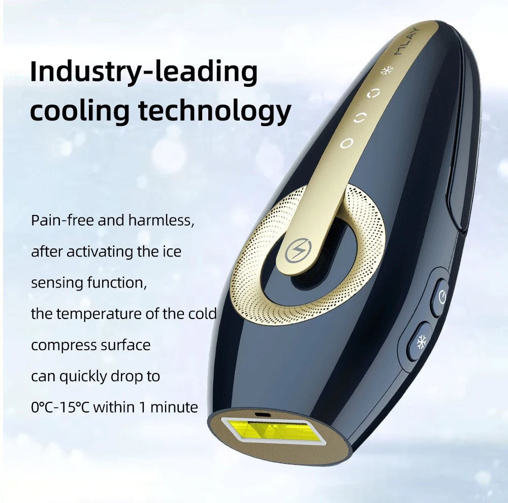 Black and gold cold compress device with text about cooling technology on a light blue background