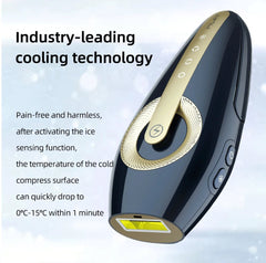 Black and gold cold compress device with text about cooling technology on a light blue background