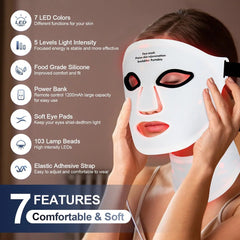 Woman wearing a LED face mask with features listed on the left side.