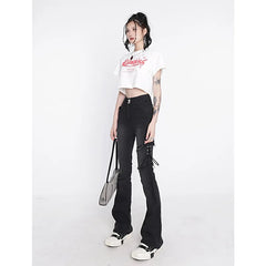 Women's Flare Black Jeans Punk Lacing High Waist Stretchy Self Cultivation Vintage Denim Trousers