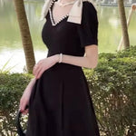 New Fashion Elegant Black Midi Dress Office Party Vintage A-Line V-Neck Pearl Detail Long Dress