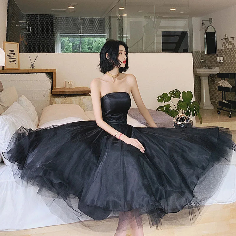 Elegant Strapless Black Tulle Midi Dress Prom Gown