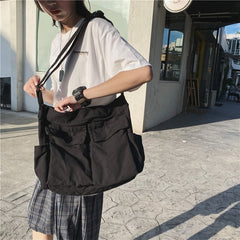 Large Capacity Canvas Shoulder Bag with Multiple Pockets Tote Bag for School Shopping Work