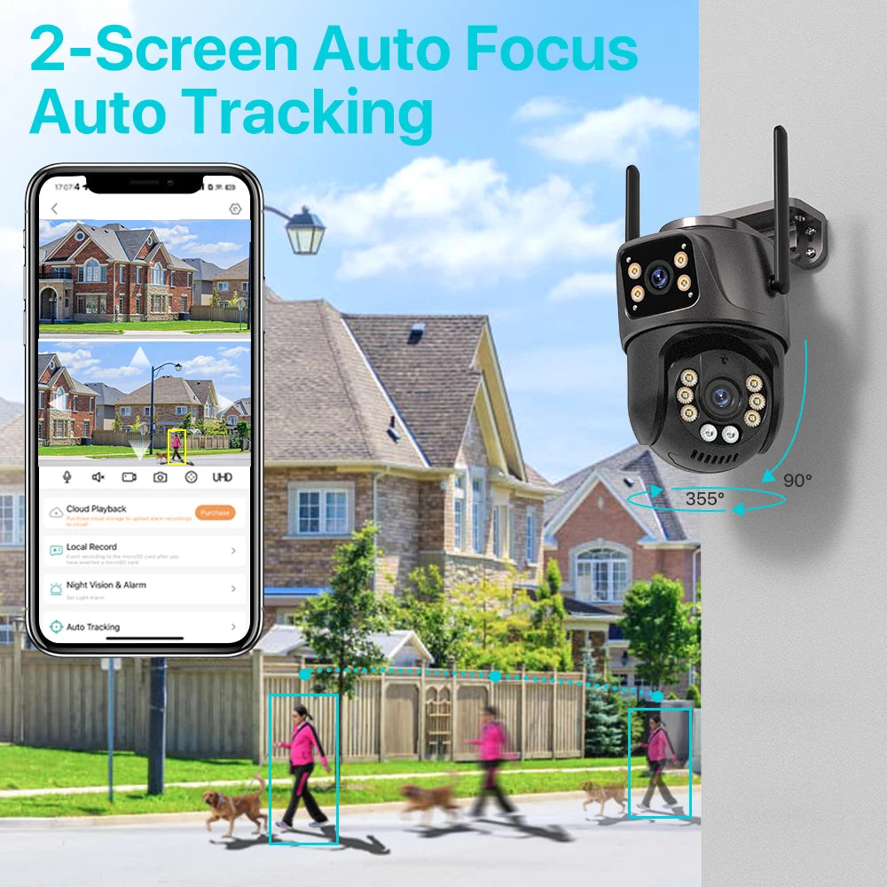 Home security camera system with smartphone app interface and house in the background