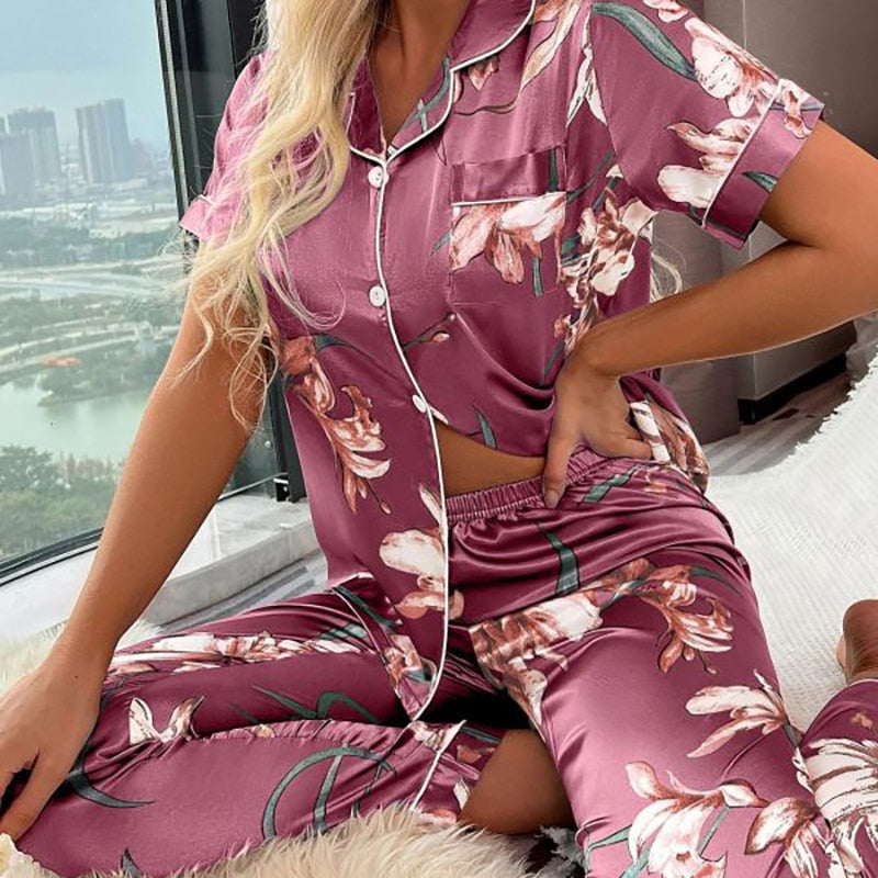 Silk Nightwear Tops & Pajama 2 Pieces Set for Women