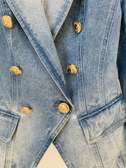 Women's Boutique Fashion Jean Jacket Slim Fit Double Breasted Gold Lion Buttons Denim Blazer