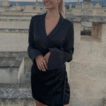 Black Satin V-Neck Shirt Dress for Women Spring/Fall Flare Sleeve Lace Up Elegant Mini Party Dresses