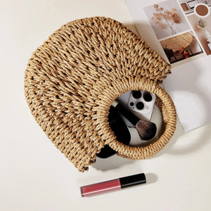 Handwoven Straw Purse Rattan Half-Moon Beach Handbag Large Capacity Women Summer Hollow Out Crossbody Shoulder Bag