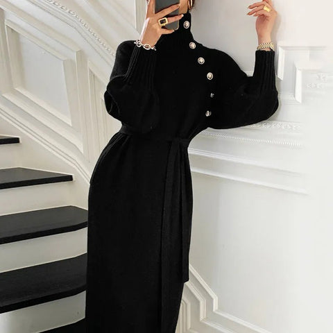 Turtleneck Knit Midi Dress Women Elegant Full Sleeve Button Decoration Warm Winter Fashion Dress