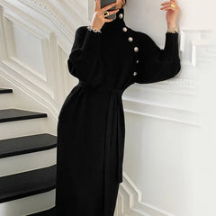 Women Knitted Dress Elegant Full Sleeve Turtleneck Sweater Dress with Button Decoration