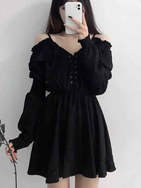 Mini Dress Women Plus Size Gothic Black Off-Shoulder High Waist Long Sleeve V-Neck Vintage Party Dress
